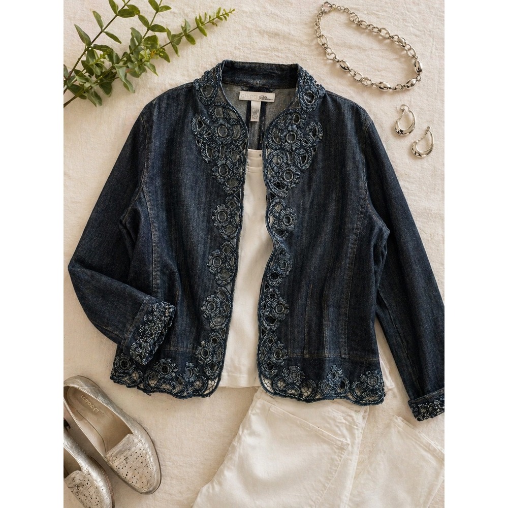Chicos Platinum Dark Wash Embellished Denim Jacket Beaded Floral Lace Size 3 XL